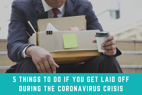 Office worker with box of stuff after being laid off from job during coronavirus crisis