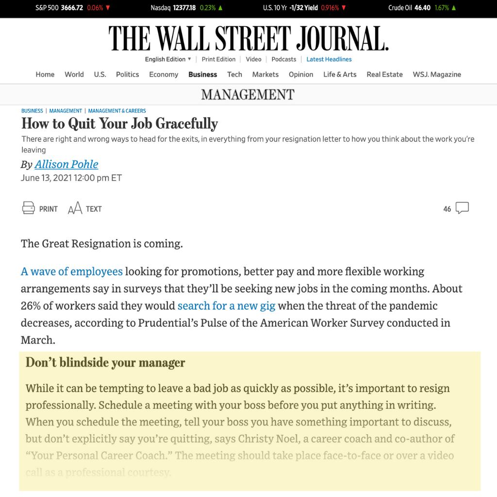 WSJ How to quit your job gracefully